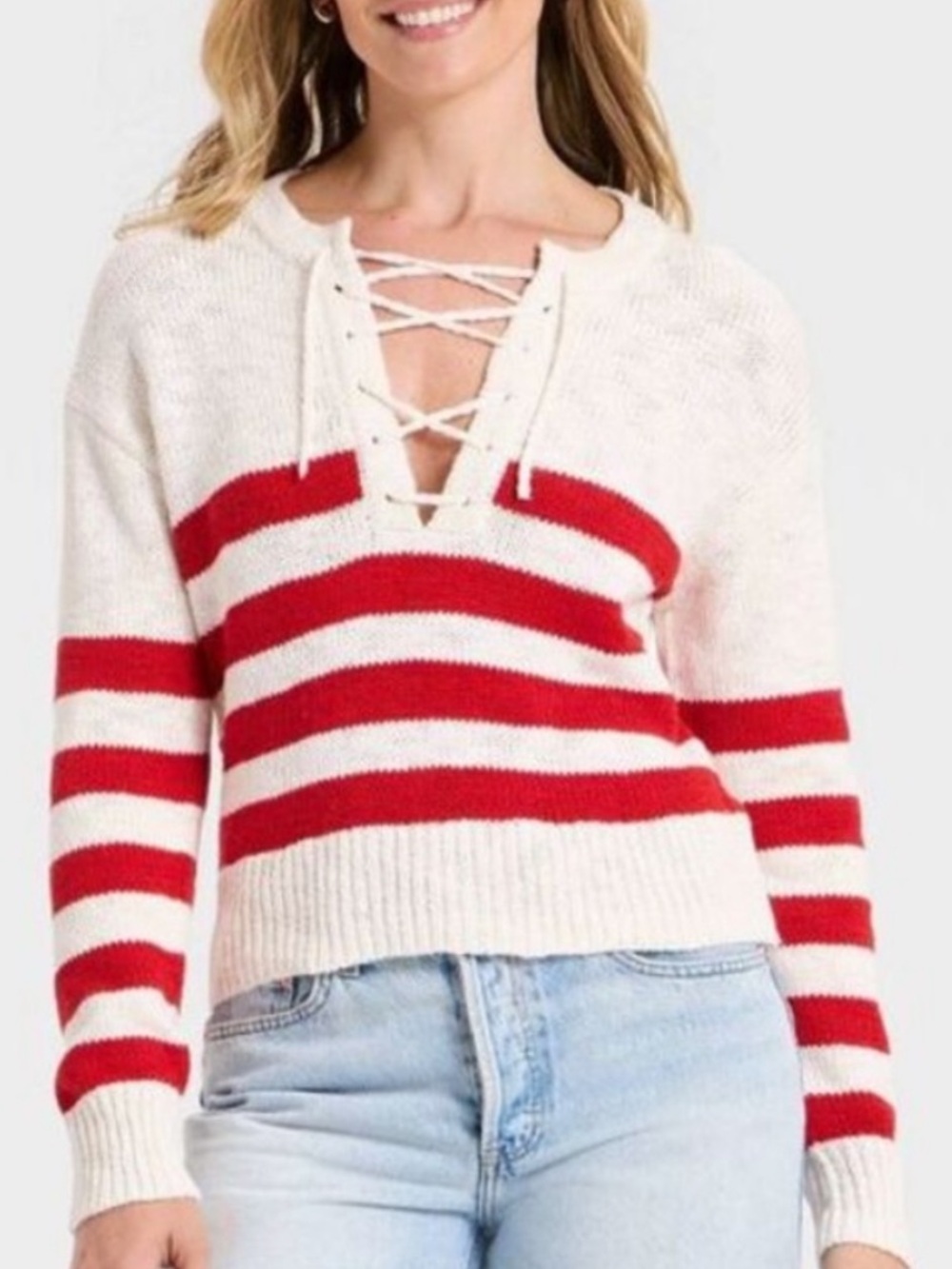 Universal Thread NWT XS (S too) Cream & Red Lace-Up Striped Sweater